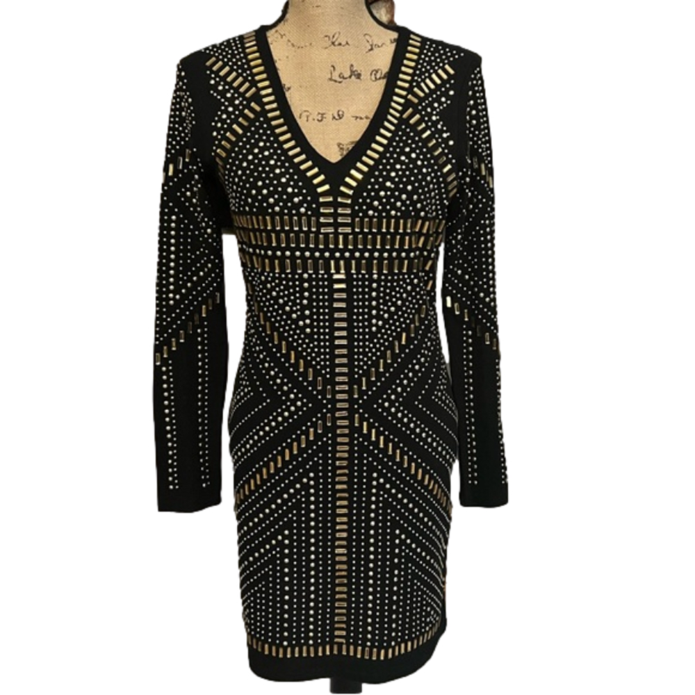 QED London Blk V-neck Bodycon Mini Dress w Gold Embellishments Like New Size XS